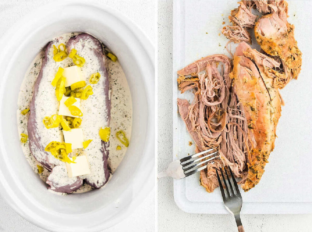 Pork tenderloin in a slow cooker with ranch seasoning mix, butter, and pepperoncini peppers; pork being shredded with two forks on a cutting board.