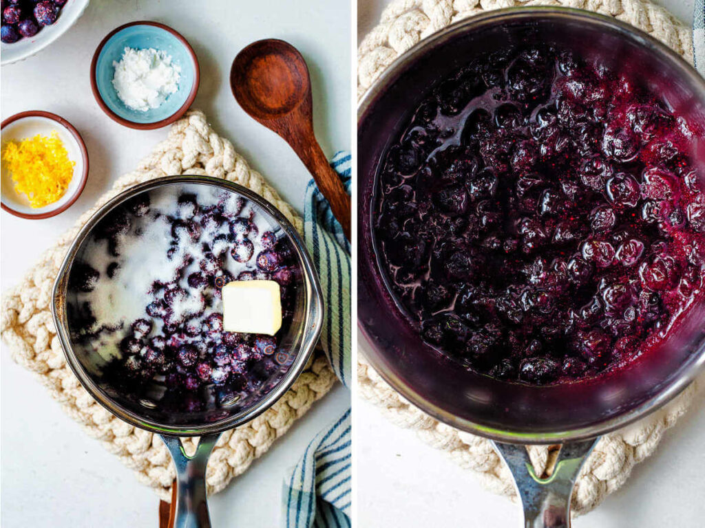 Frozen blueberries in a saucepan with sugar and butter.