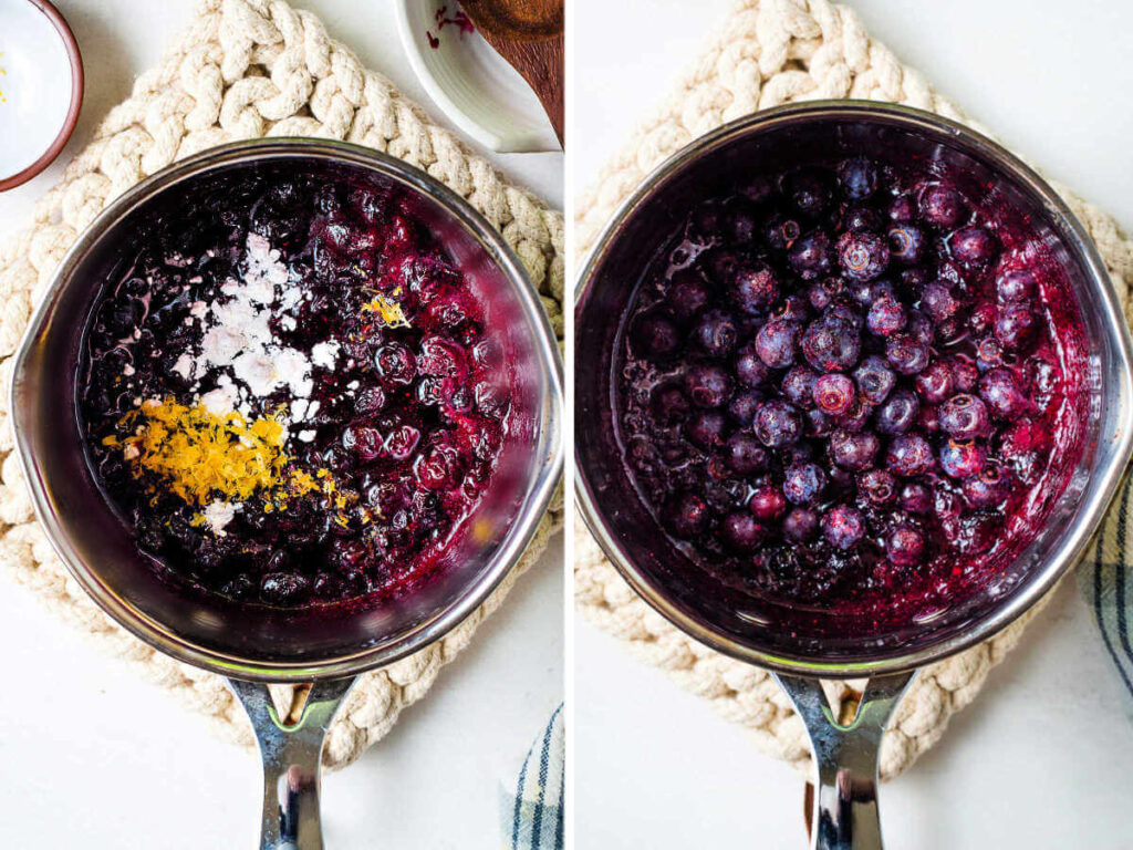 Adding cornstarch and lemon zest to cooked blueberries for compote.