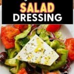 Greek Salad Dressing drizzled over a salad with feta cheese.
