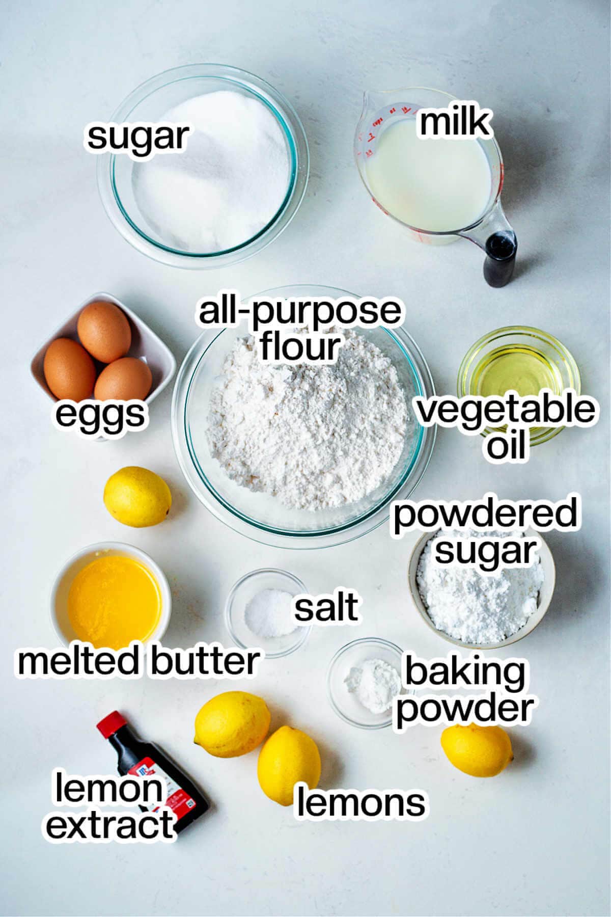 Ingredients for Lemon Bundt Cake on a table.