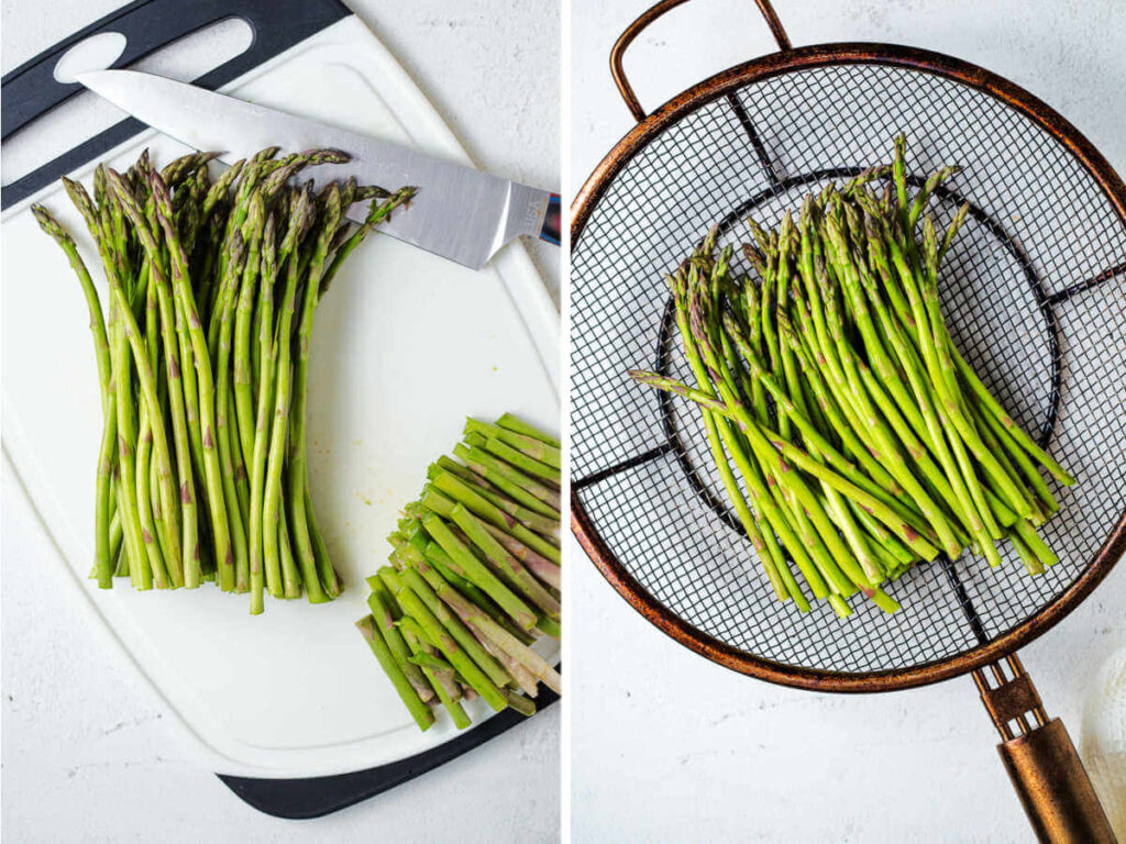 Trimmed asparagus on a cutting board; asparagus in a grill basket ready for cooking.