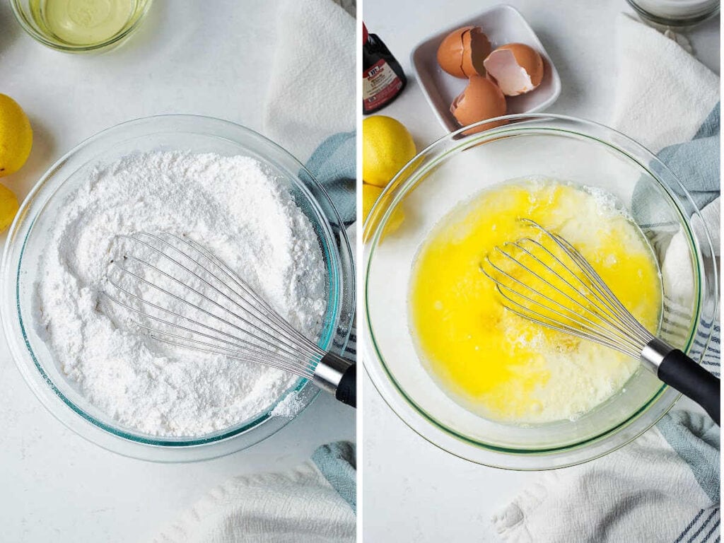 Whisking dry ingredients together in one bowl and whisking wet ingredients together in a separate bowl for lemon bundt cake.