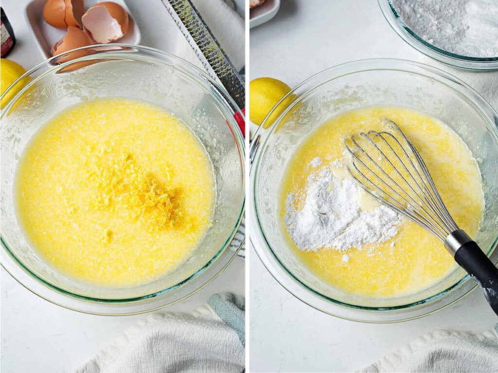 Lemon zest being added to cake batter; then, flour being added a bit at a time and incorporated with a whisk.