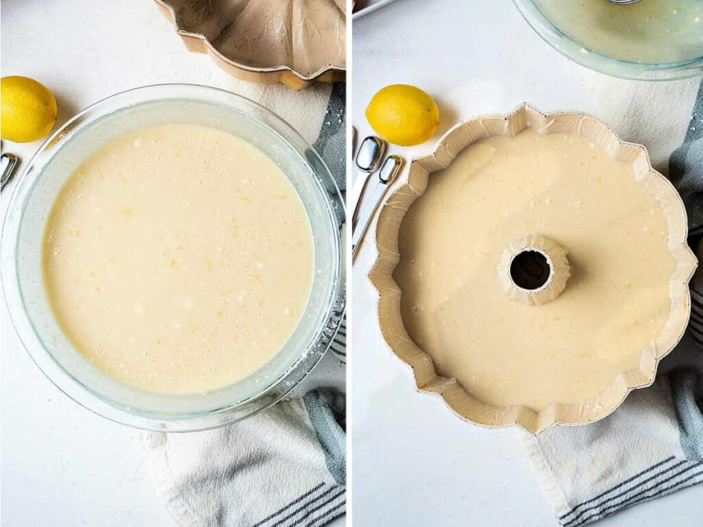 Cake batter in a Bundt pan sitting on a table ready for the oven.