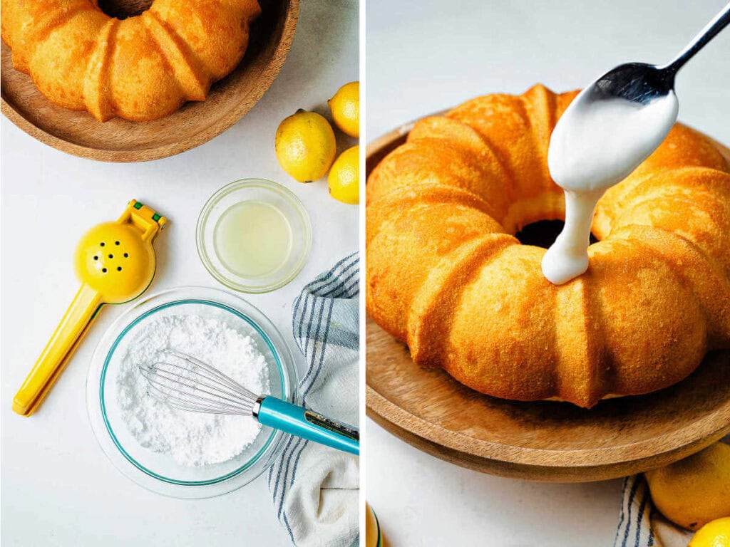 Ingredients for making a lemon glaze on a table; a spoon drizzling glaze over a bundt cake on a stand.