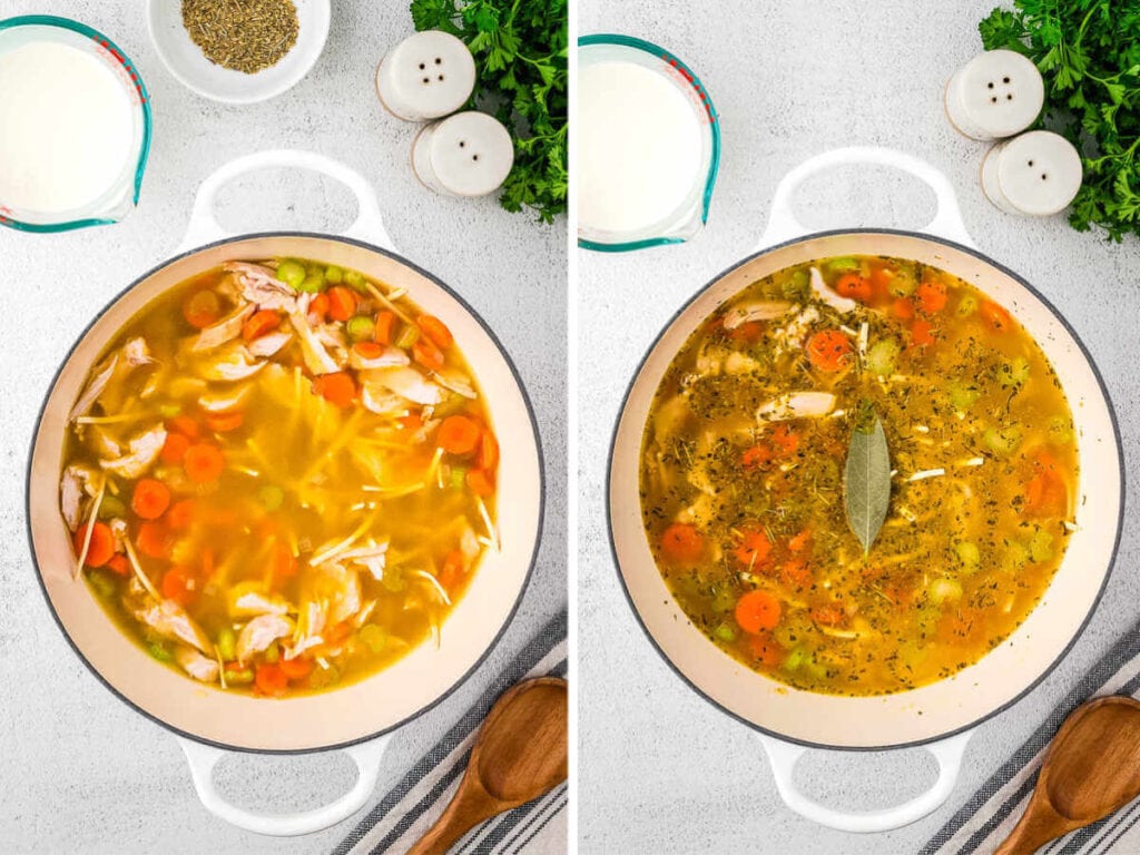 Vegetales, turkey, and broth in a Dutch oven for turkey noodle soup.