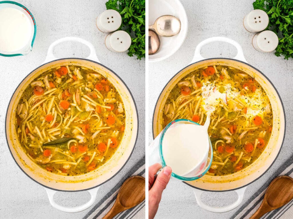 Adding noodles and cream to soup in a Ddutch oven.