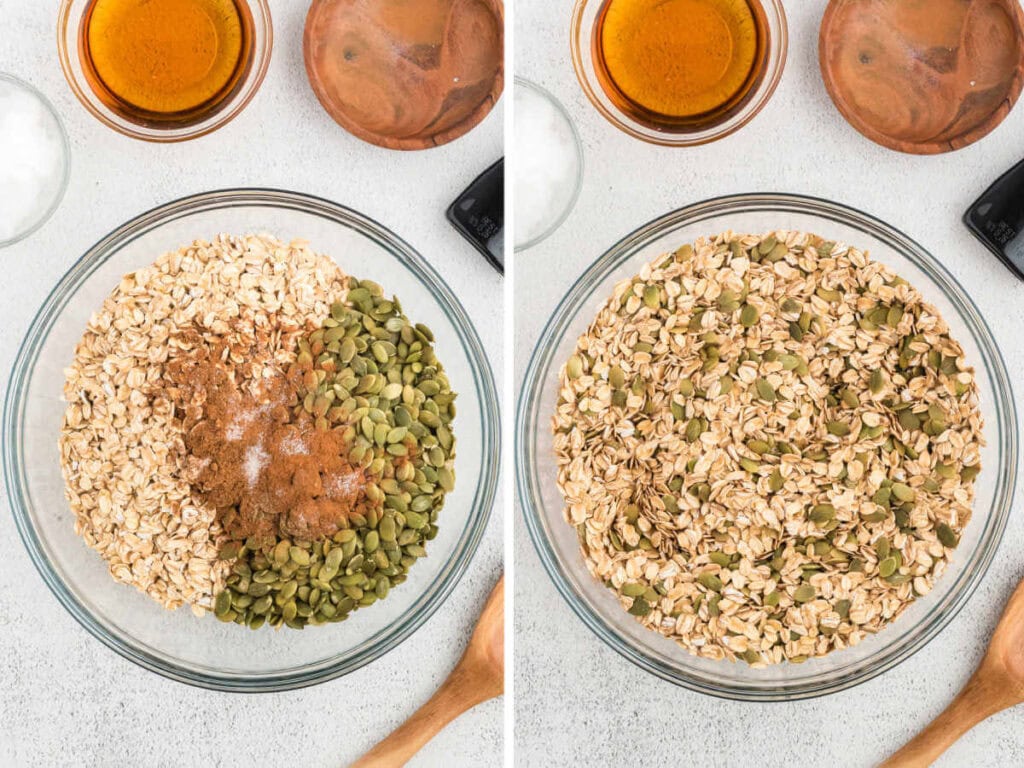 Combining oats with pepitas and spices in a bowl to make granola.