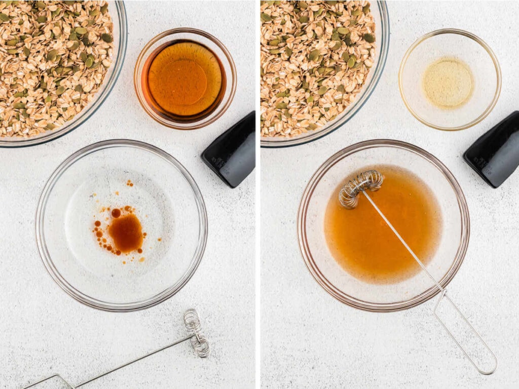 Whisking together melted coconut oil, vanilla, and maple syrup in a glass bowl.