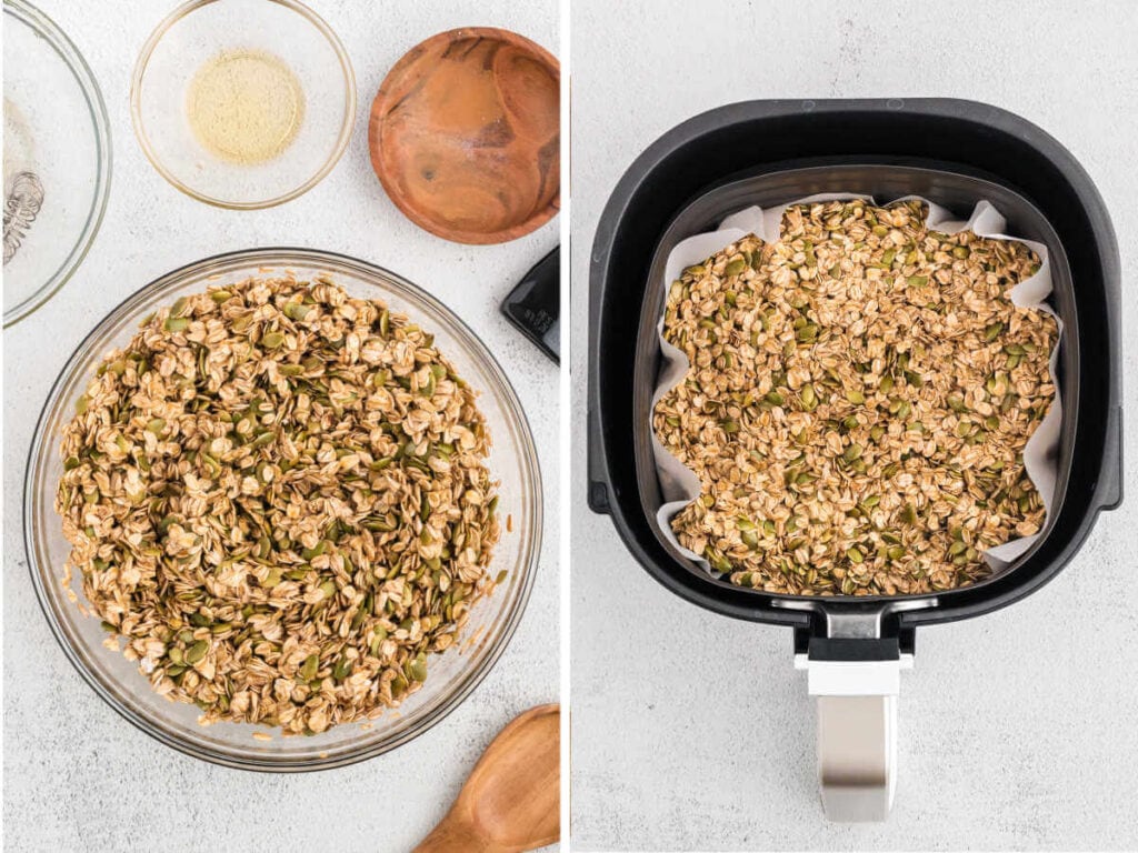 Oat mixture in a glass bowl ready to bake for granola; granola in a parchment paper lined air fryer basket.