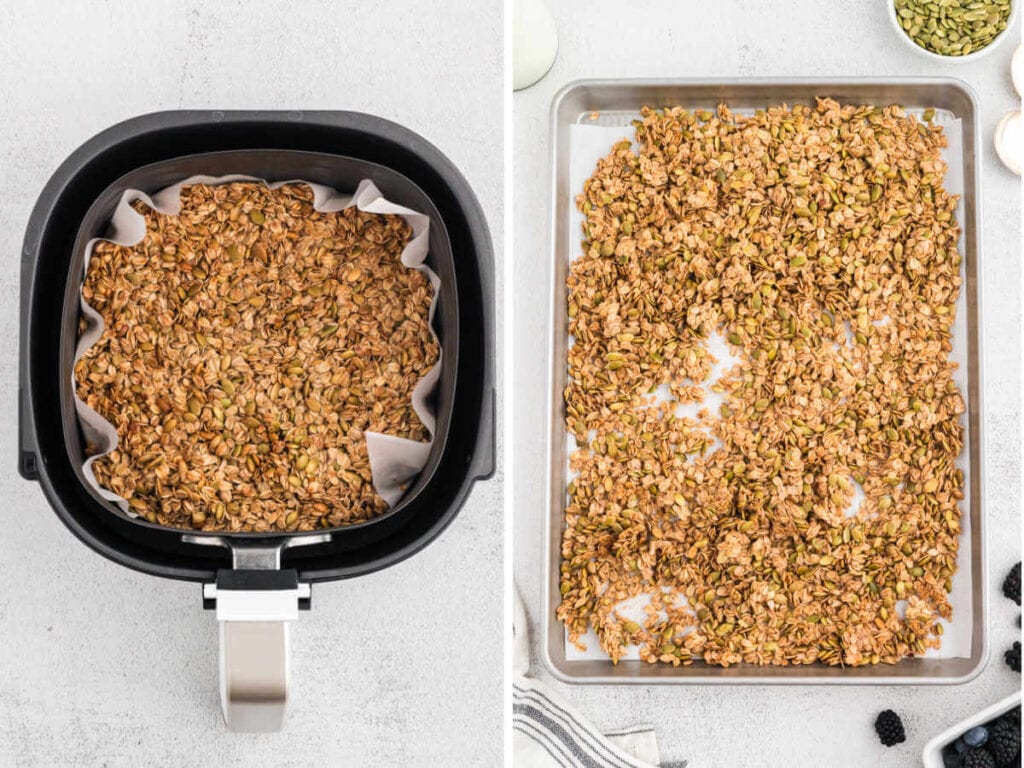 Cooked granola in an air fryer basket, then spread onto a baking sheet to cool.