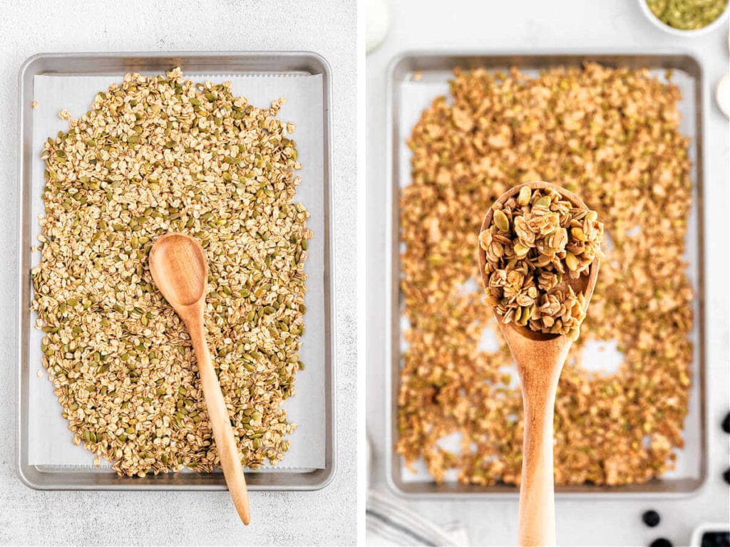 Spreading oat mixture on a baking sheet to cook granola in the oven.