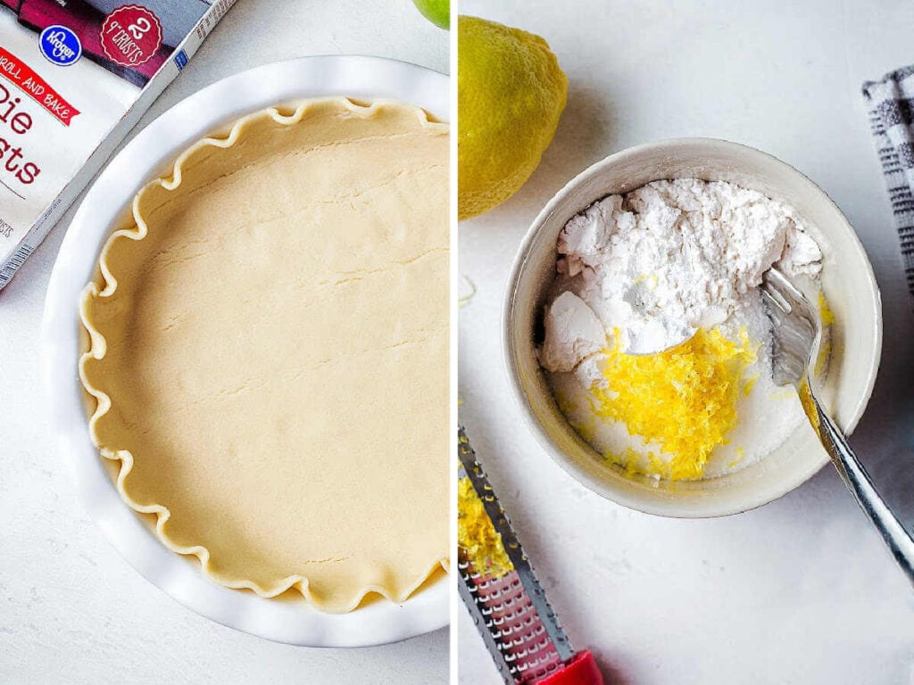 Lining a pie plate with a refrigerated pie crust; mixing together sugar, flour, and lemon zest with a fork in a small bowl.