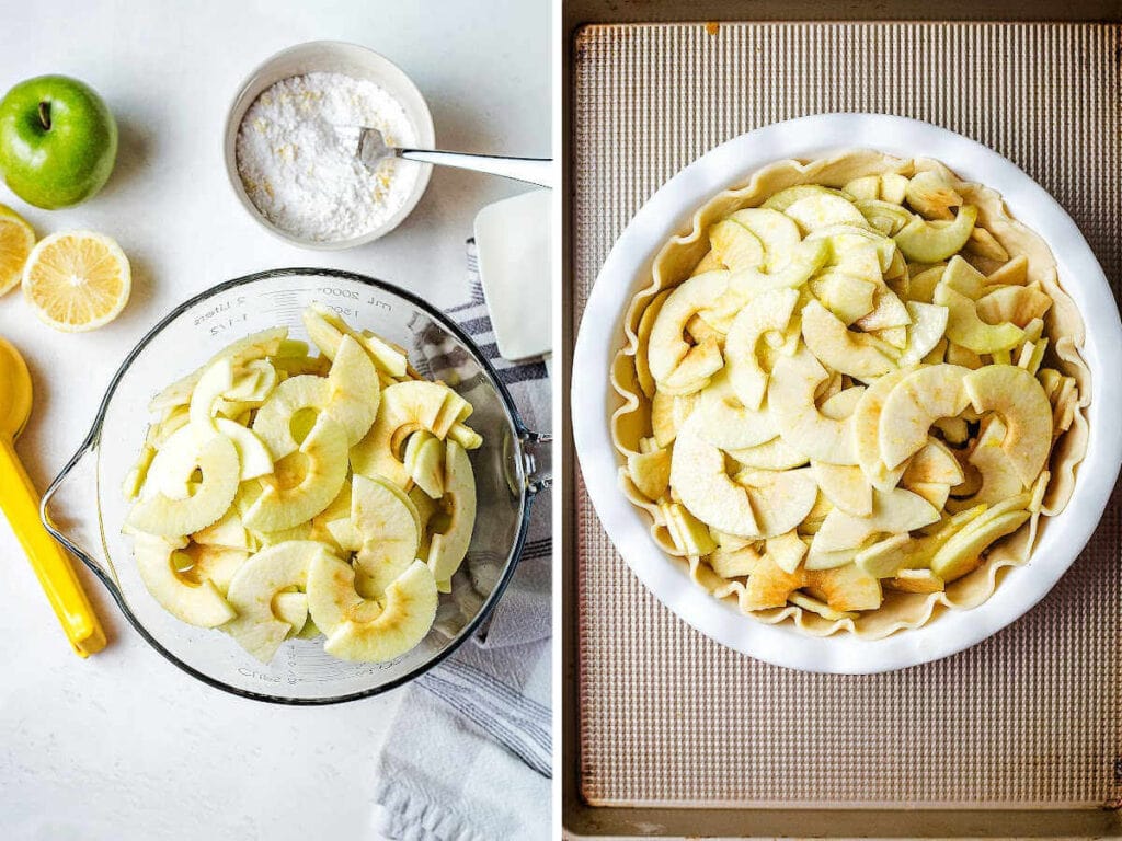 Peeled and sliced apples in a large bowl on a table; apple slices piled onto a pie crust sitting on a baking sheet.