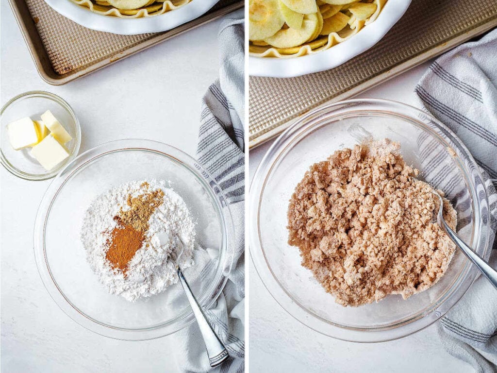 Ingredients for a crumble in a blass bowl with a fork.