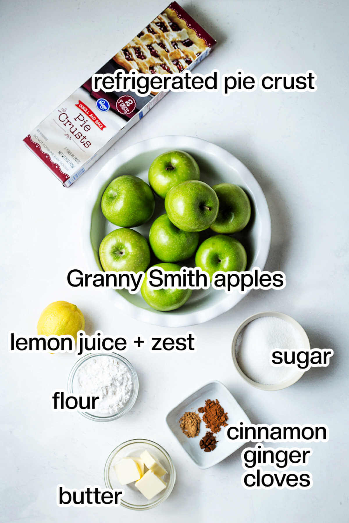 Ingredients for Dutch Apple Crumb Pie on a table.