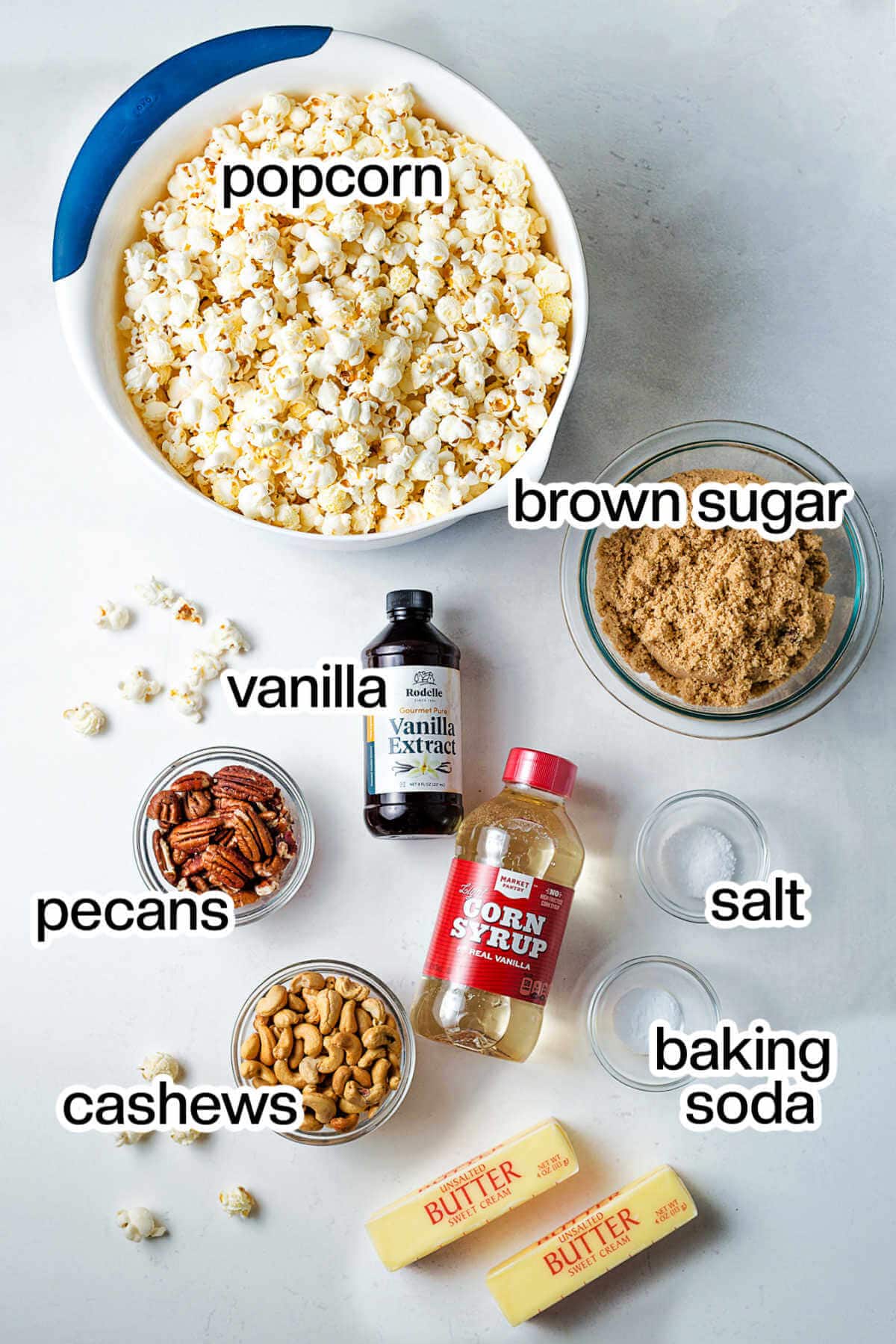 Ingredients for caramel corn on a table.