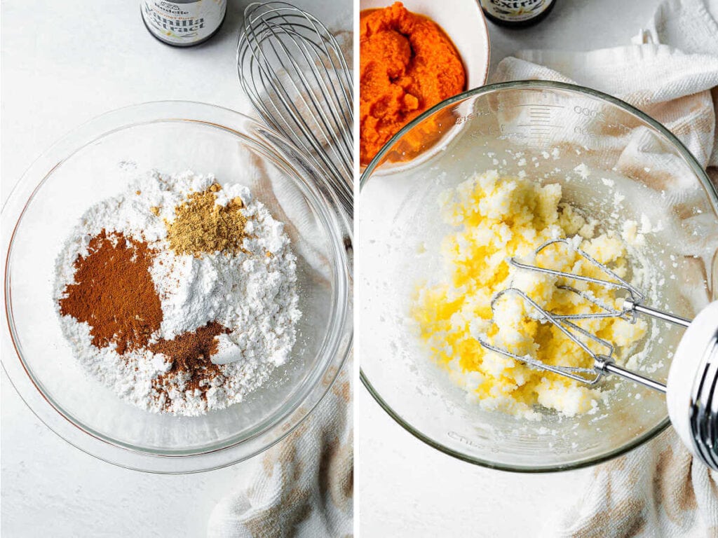 Dry ingredients in a glass bowl; butter and sugar creamed in a separate bowl with an electric mixer to the side.