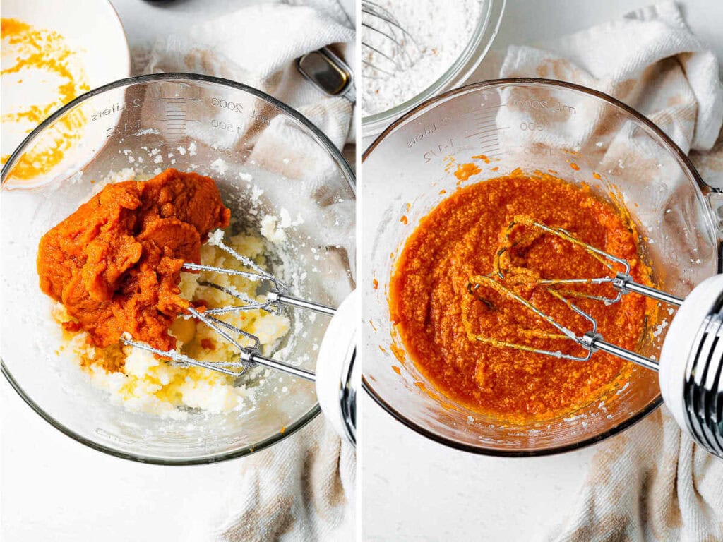 Pumpkin puree being mixed into creamed butter and sugar in a glass bowl.