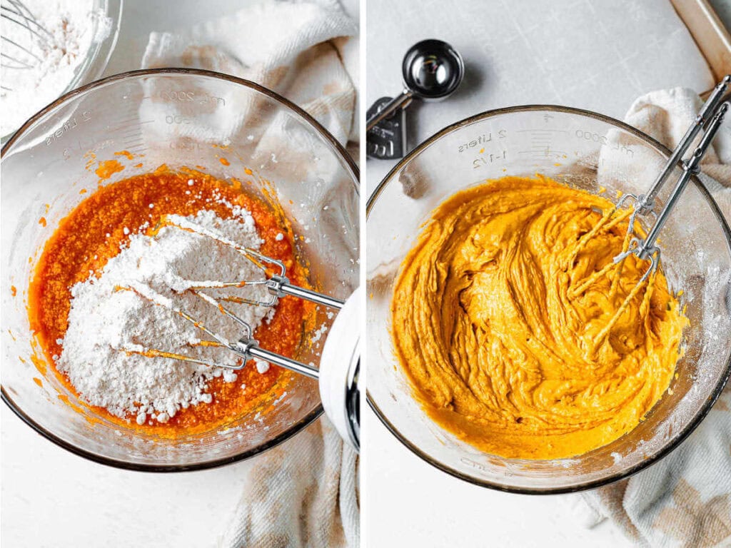 Adding dry ingredients to pumpkin mixture for whoopie pies; batter in a glass bowl.