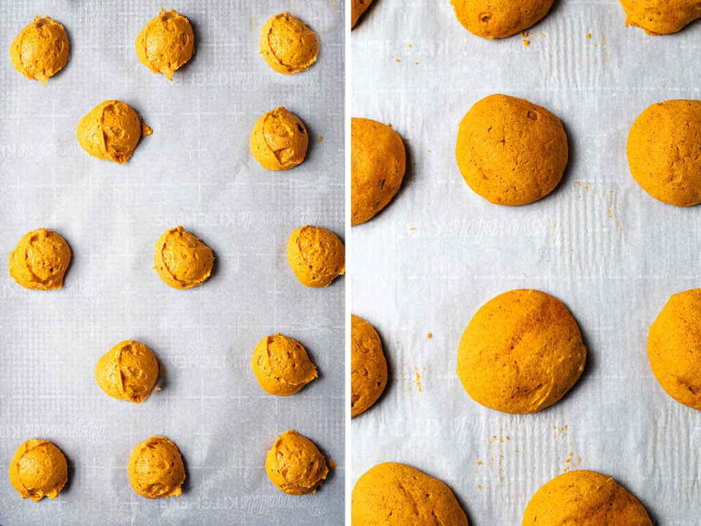 Mounds of batter on a baking sheet; baked whoopie pies on a cookie sheet lined with parchment paper.