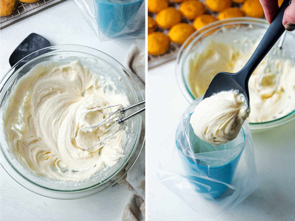 Cream cheese frosting in a glass bowl; spooning frosting into a piping bag with a spatula.