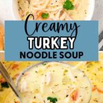 Creamy Turkey Noodle Soup in a bowl on a table.