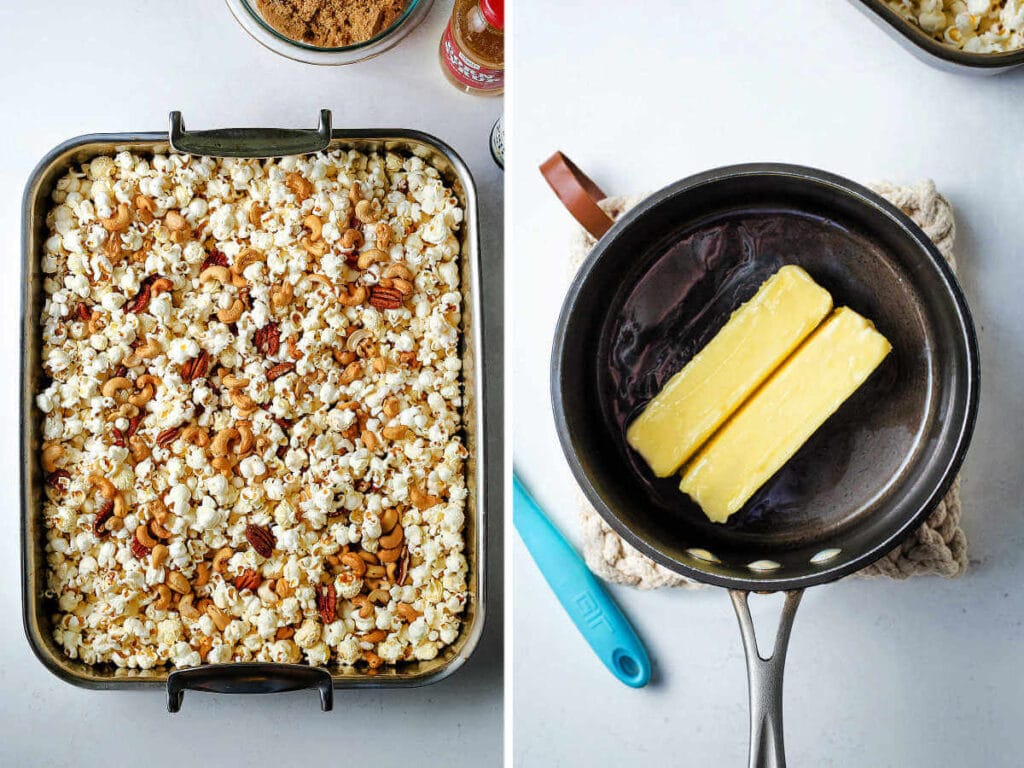 Popcorn in a roasting pan with nuts; two sticks of butter in a saucepan to be melted for caramel sauce.