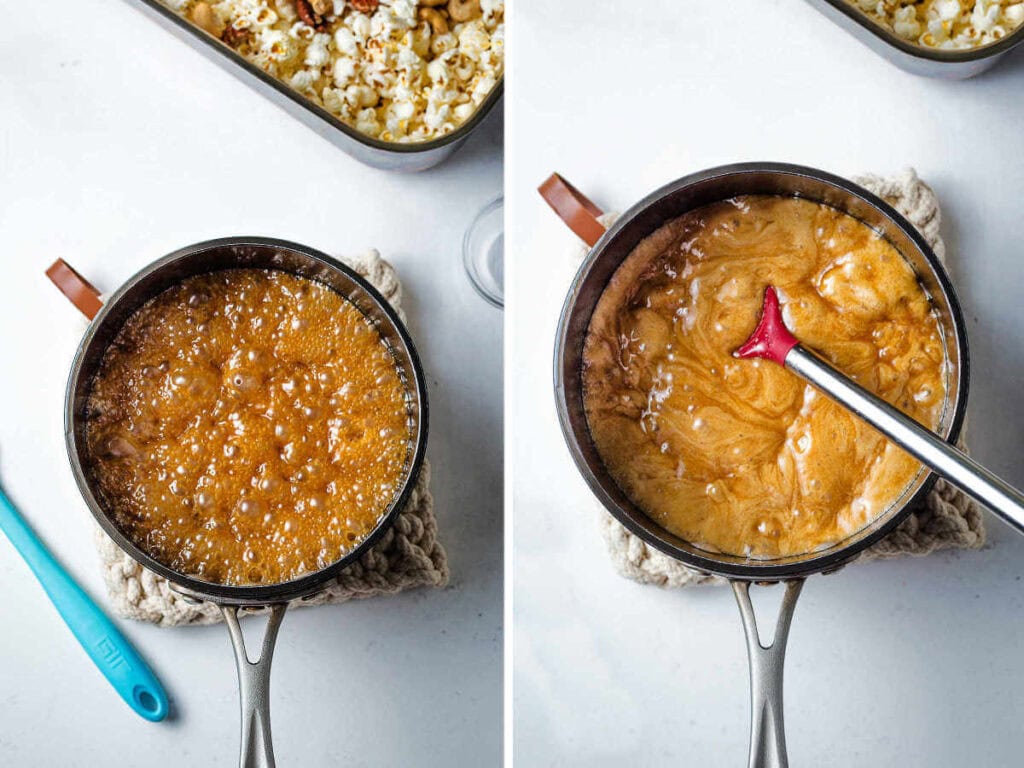 Brown sugar and butter melted together in a saucepan; stirring baking soda and salt into caramel mixture for caramel corn.