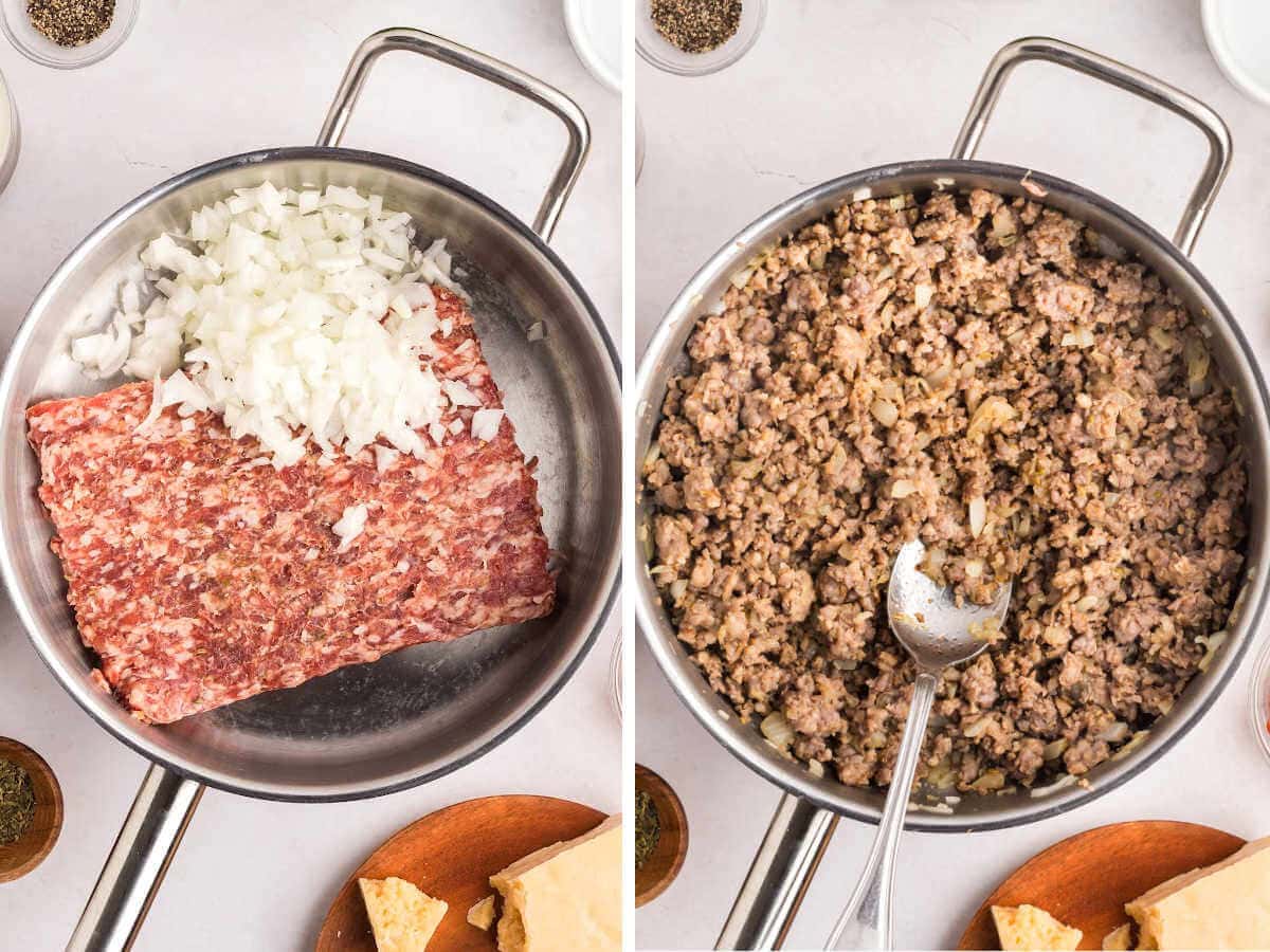 Diced onion and italian sausage in a frying pan.