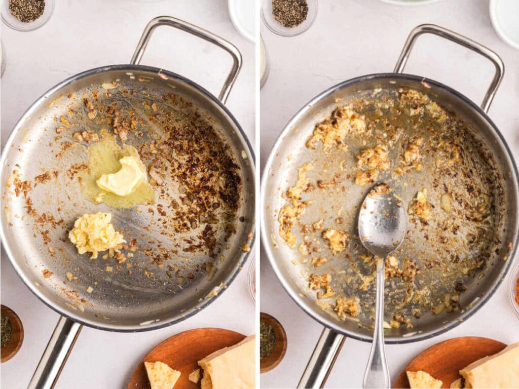 Sauteing minced garlic in butter in a large skillet for tuscan soup.