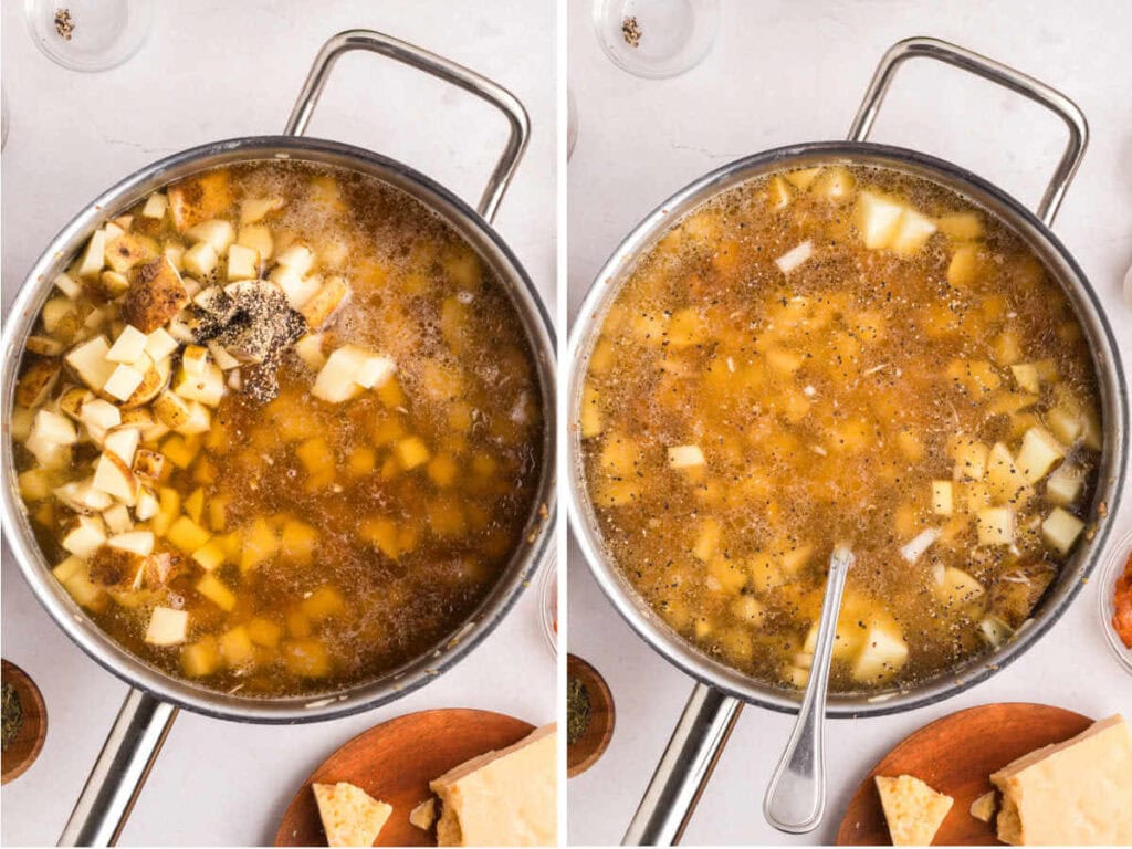 A large skillet with chicken broth, potatoes, and spices simmering to make homemade zuppa toscana soup.