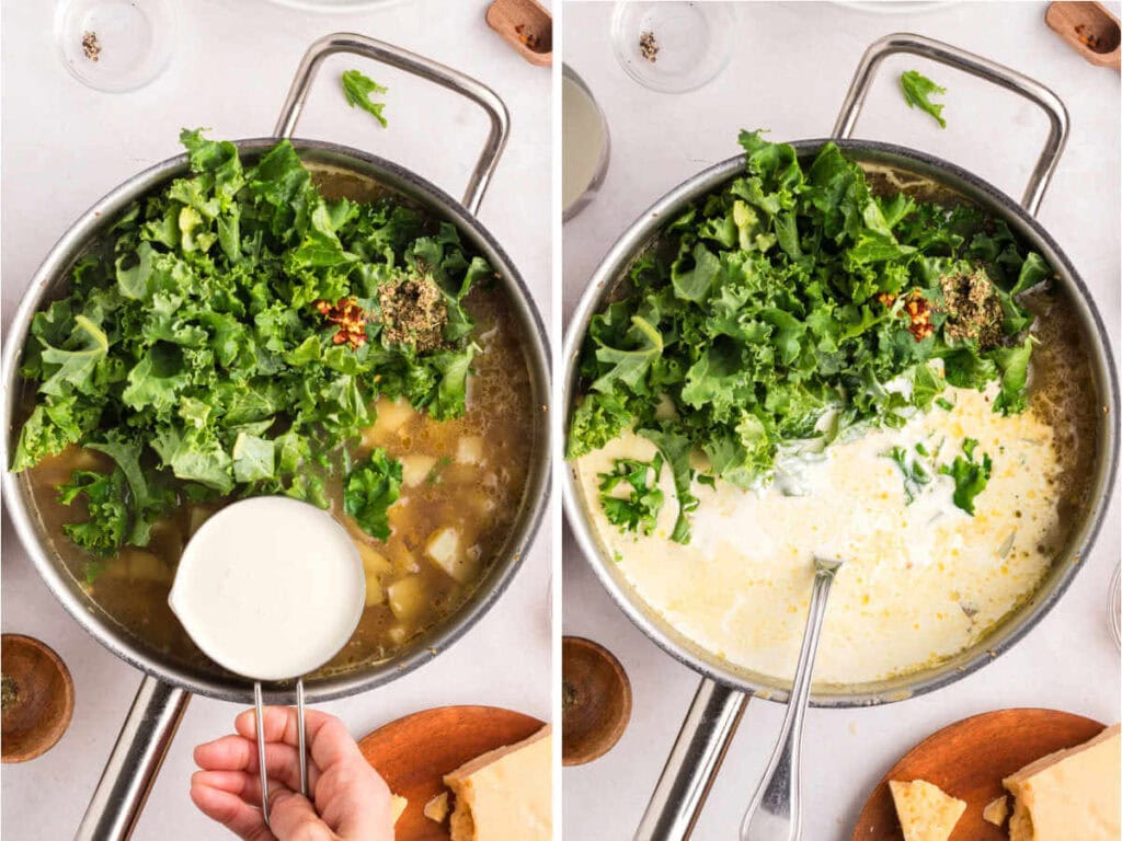 Adding chopped kale and heavy cream to a pot of zuppa toscana soup.