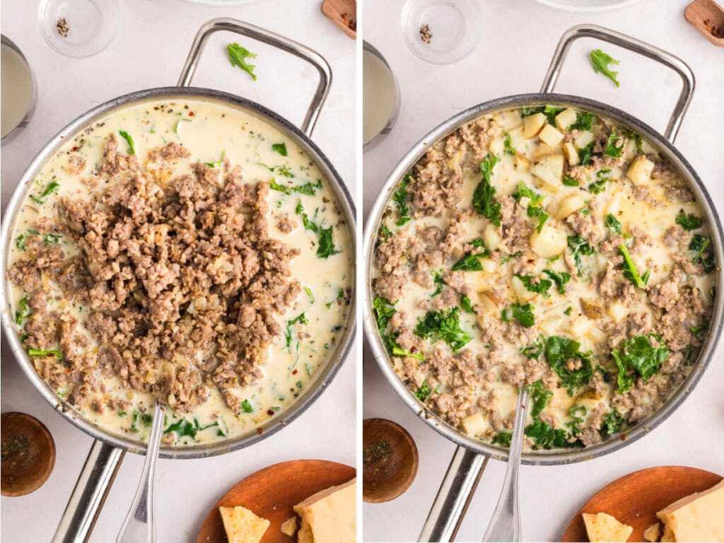 The final stage of making olive garden zuppa toscana soup — adding in cooked Italian sausage and Parmesan cheese to the pot.