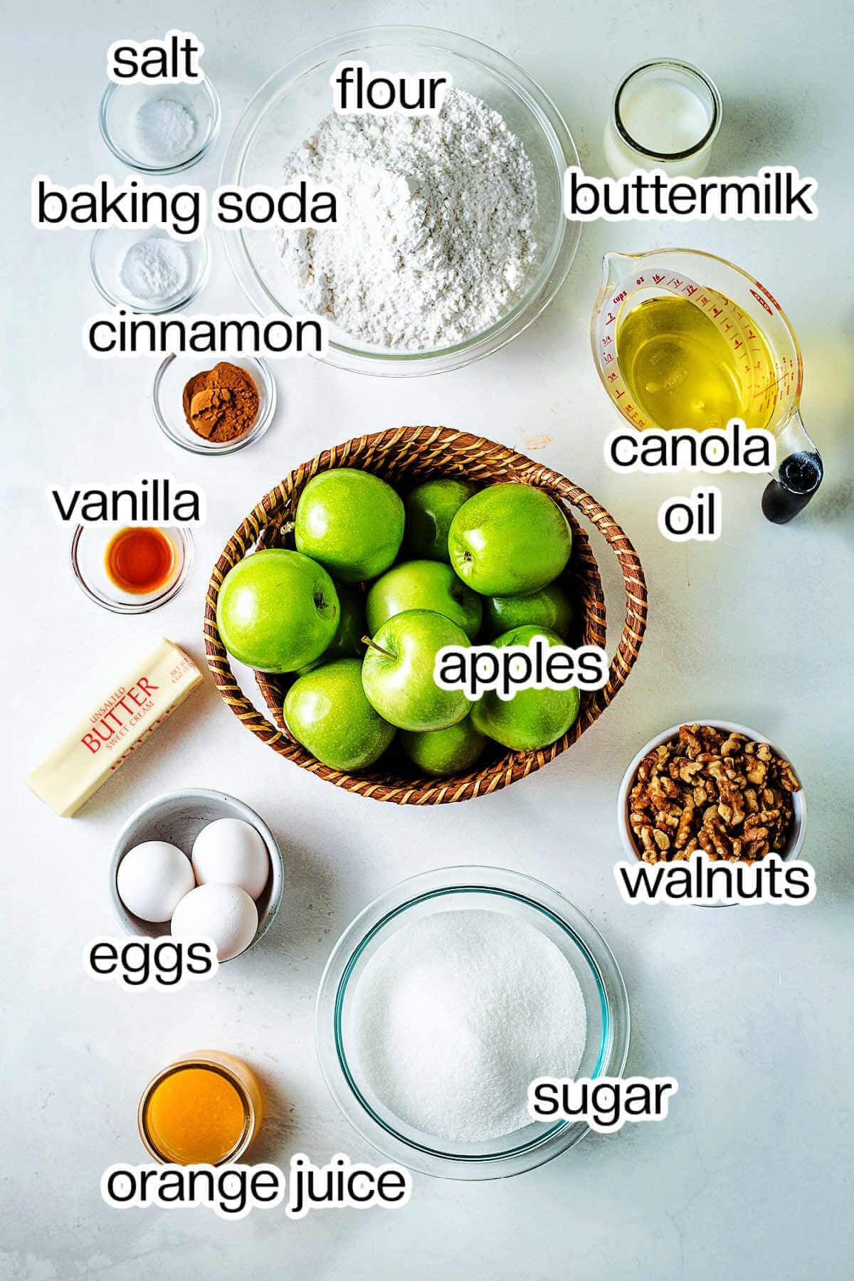 Ingredients for apple bundt cake on a table,