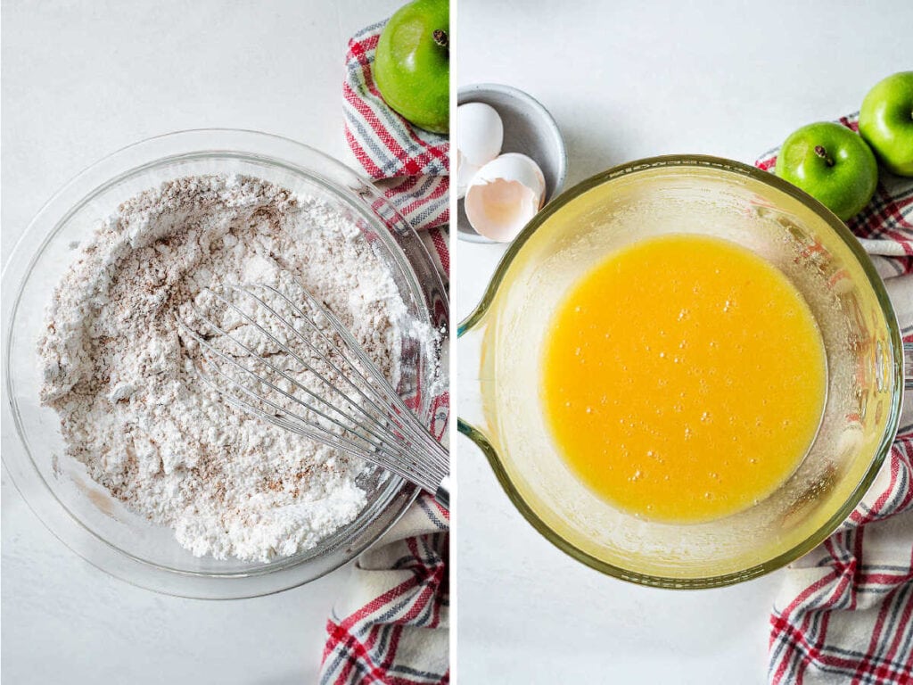 Whisking dry ingredients in a glass bowl; wet ingredients blended together for apple bundt cake batter.