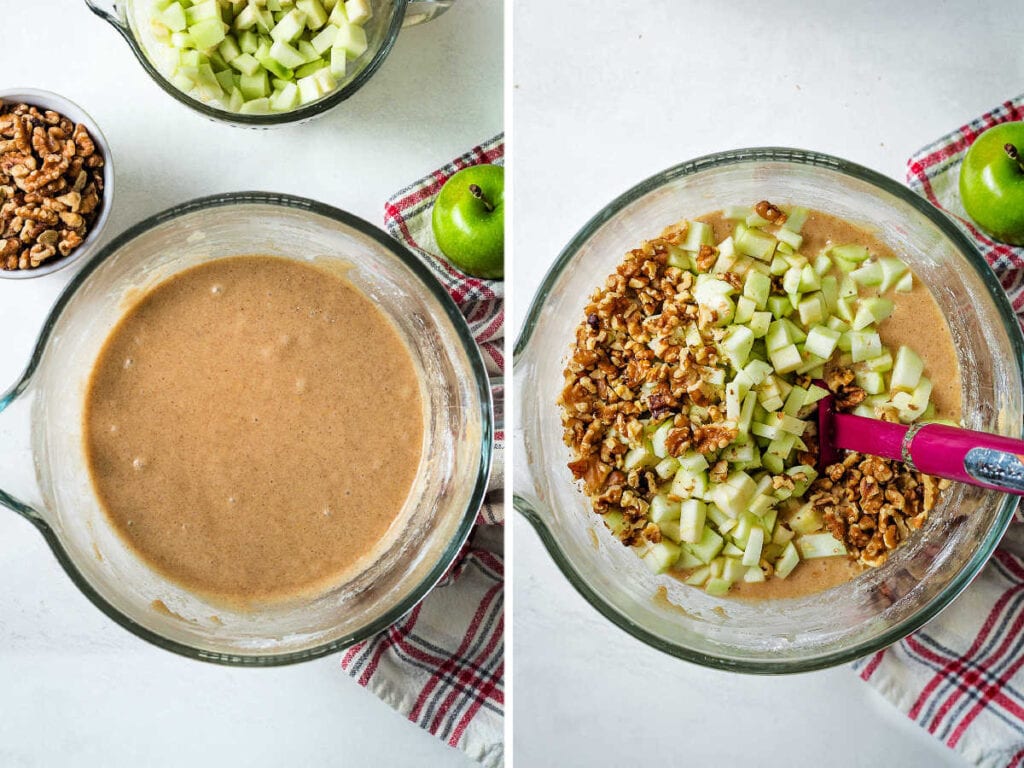 Cake batter in a glass bowl; folding chopped apples and walnuts into batter for an apple bundt cake.