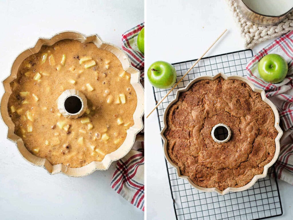 Batter with apples and walnuts in a Bundt pan. ready for the oven; a bake apple cake in a Bundt pan on a wire rak.