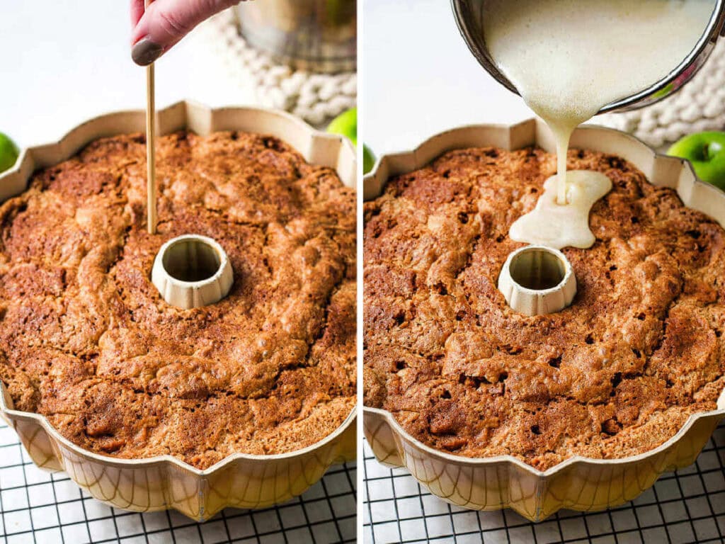 Poking holes in a cake with a wooden skewer; pouring sauce over the cake in the pan.