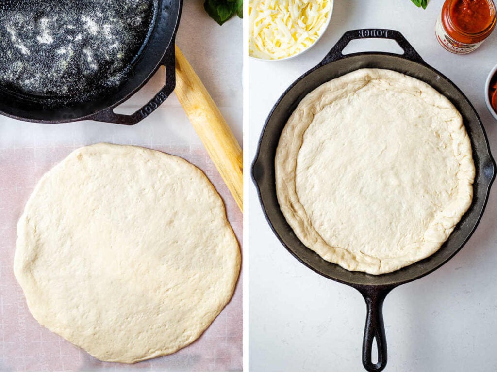 Fresh pizza dough rolled out and placed in a greased cast iron skillet.