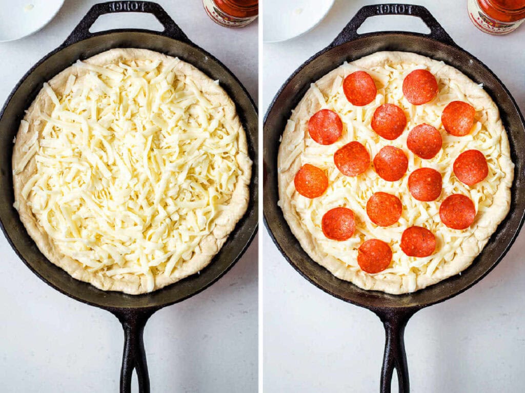 Layering ingredients on top of pizza dough: mozzarella cheese, and then pepperonis.