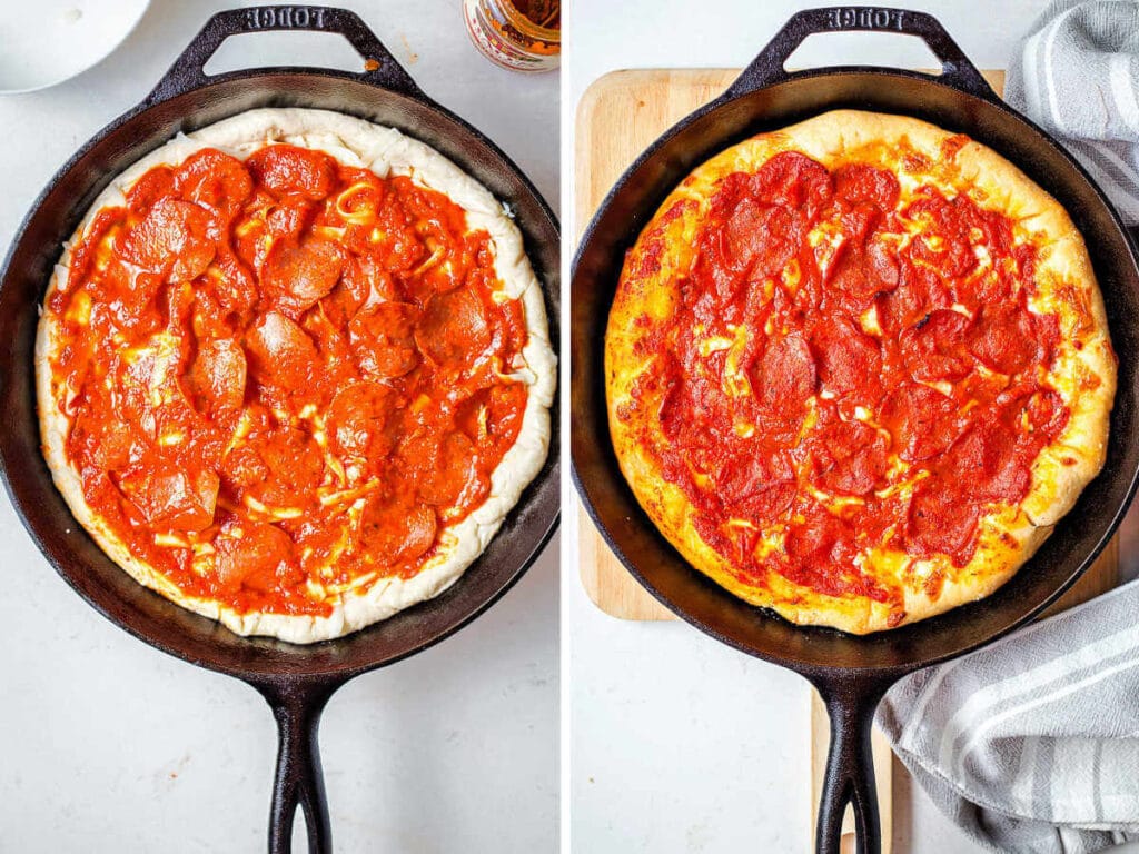 Marinara sauce spread on top of pizza ingredients in a cast iron skillet; a baked cast iron skillet pizza on a pizza peel.