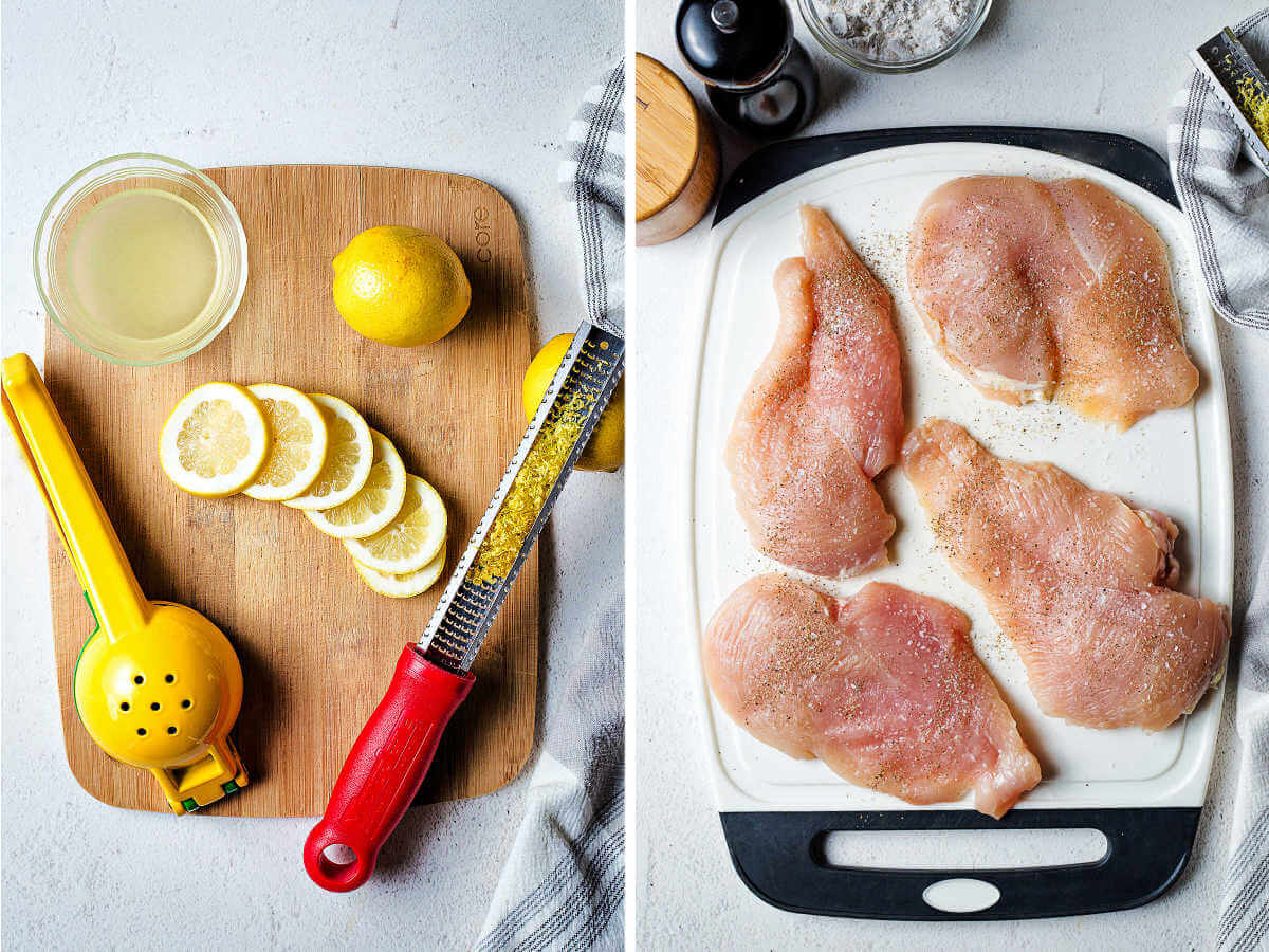 Process steps for making lemon chicken: zesting and juicing lemons, seasoning chicken with salt and pepper on a cutting board.