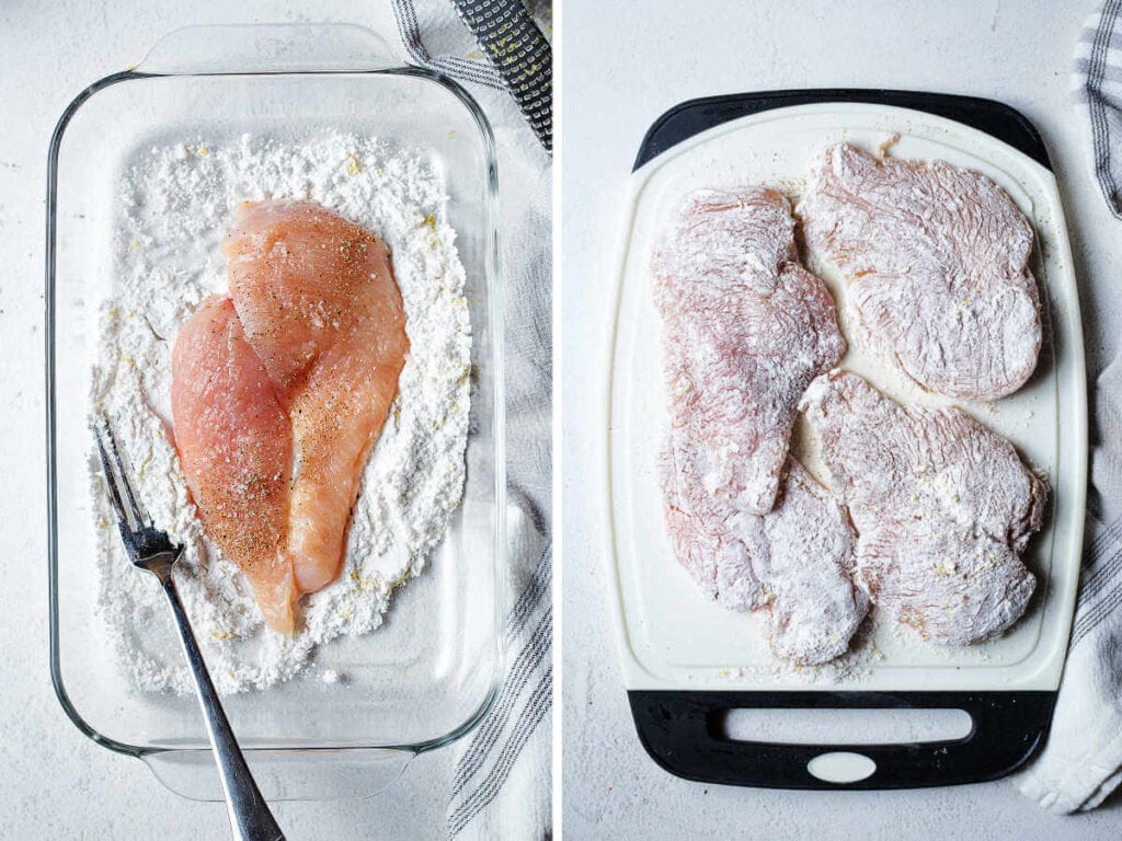 Dredging chicken in flour seasoned with lemon zest.