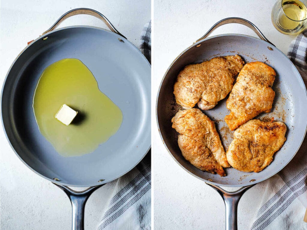 Olive oil and butter in a frying pan; chicken cutlets browned in a large skillet.