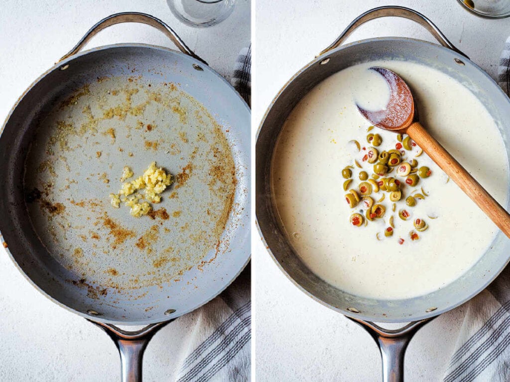 Deglazing a pan with wine and garlic; stirring cream, olives, and capers into a large skillet.