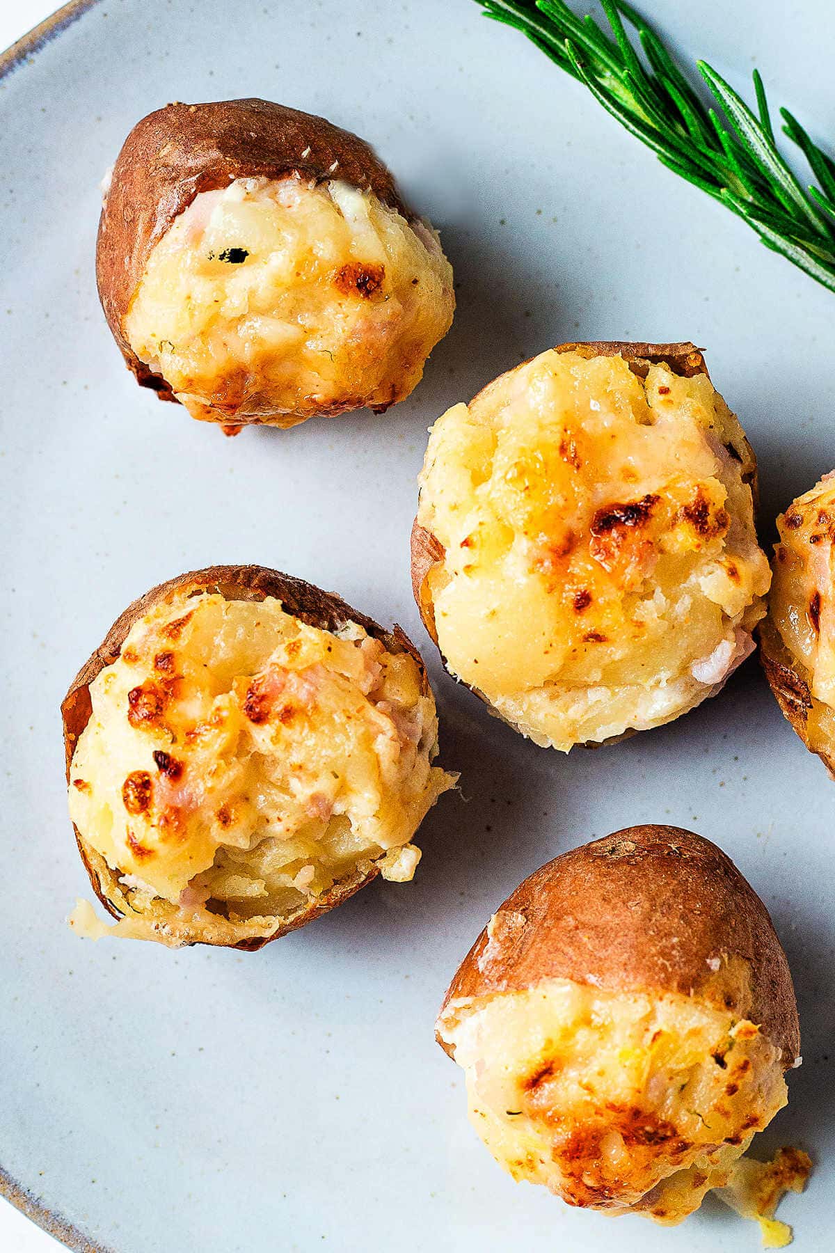 Red potatoes baked and stuffed with cheese and ham on a plate.