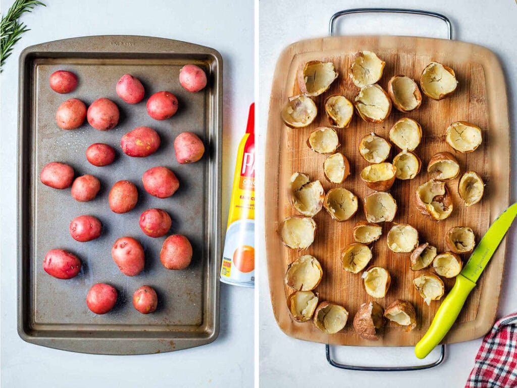 Petite red potatoes on a baking sheet; baked red potatoes cut in half with the pulp removed on a cutting board.