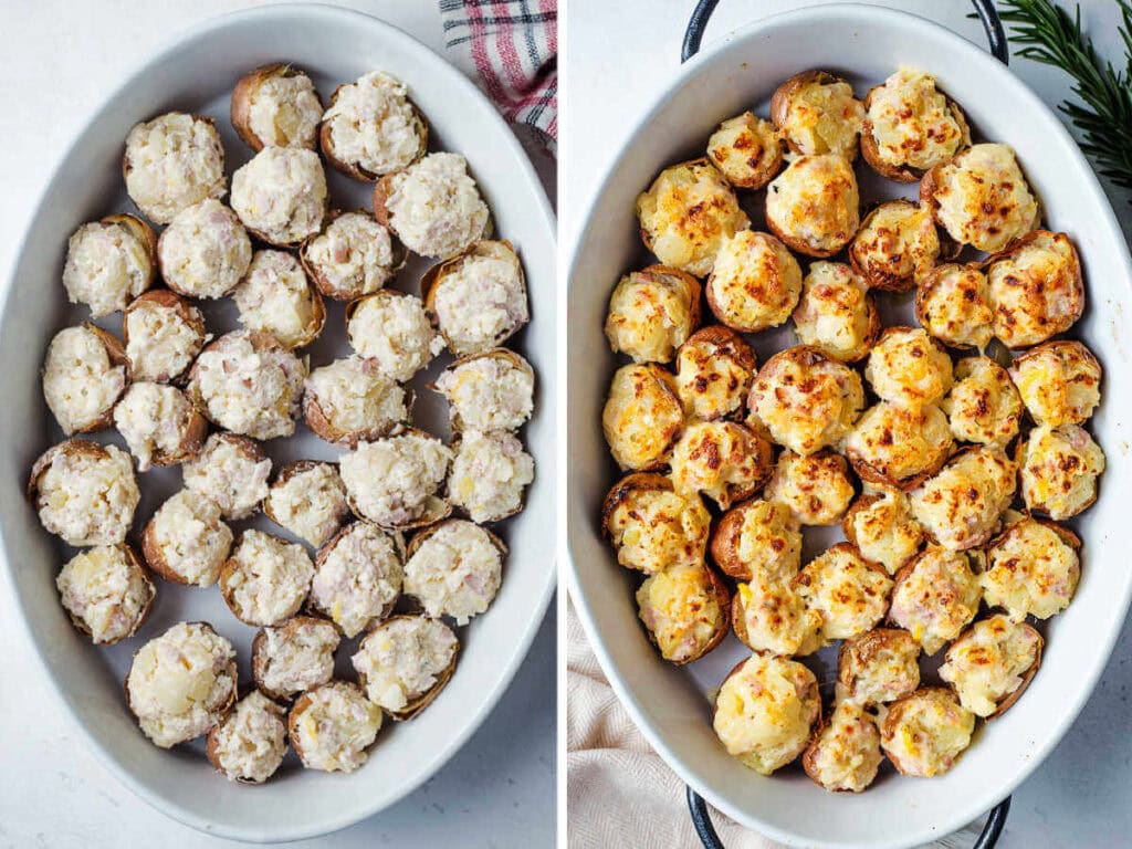 Stuffed baby red potatoes in a baking dish before and after being broiled.